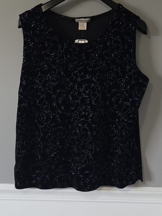 Notations Tops - Notations Black Velvet Sleeveless Top with Glitter Purple Blue Swirl XL